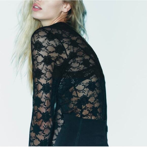 Zara Black Floral Sheer Lace Bodysuit Women's Small‎ Sultry Bodycon Whimsical - Picture 6 of 9